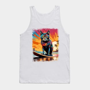 Cat Surfing Cute Colorful Comic Illustration Tank Top